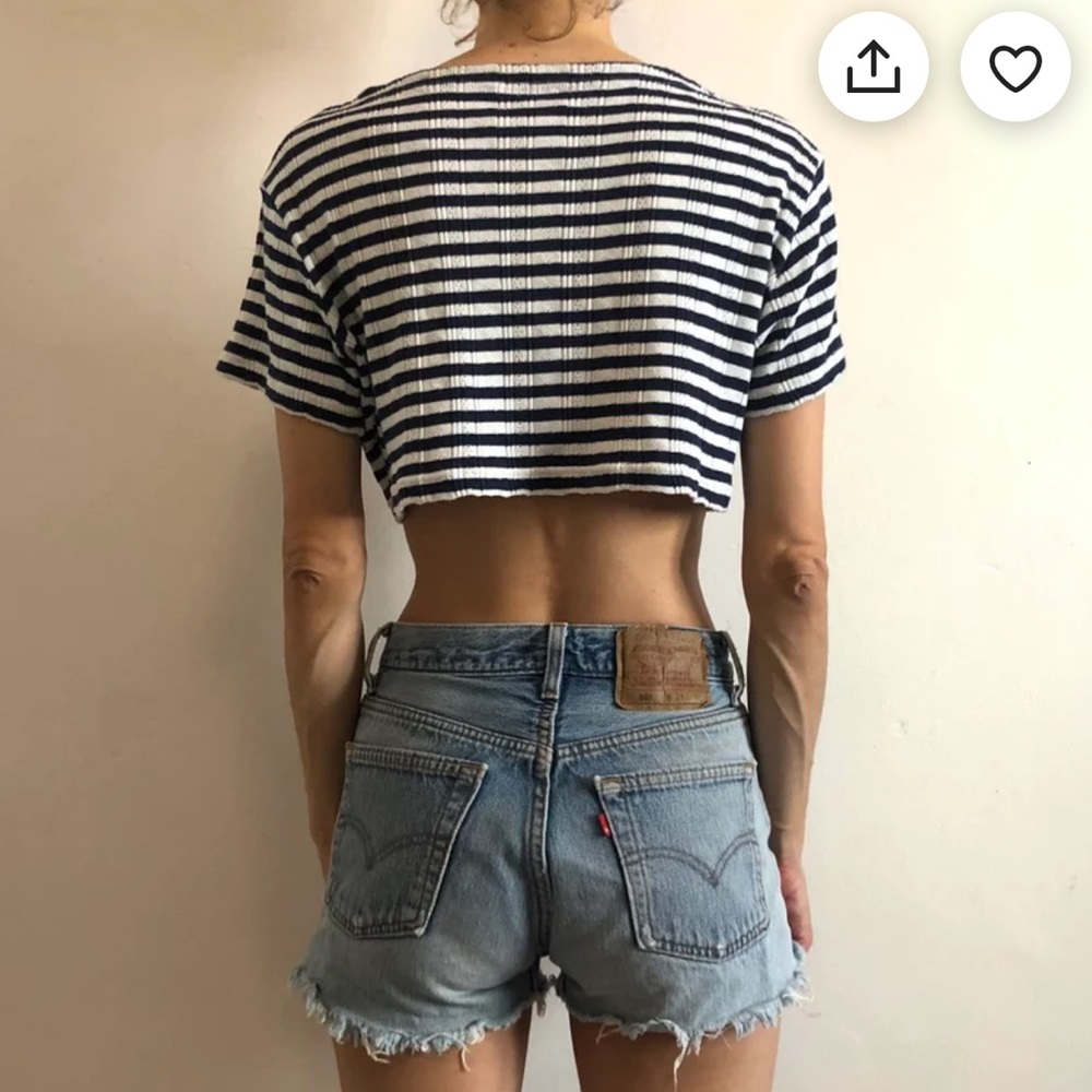 Vintage 90s Versace Jeans Couture Blue And White Striped Cotton Knit Crop Top - Picture 11 of 11